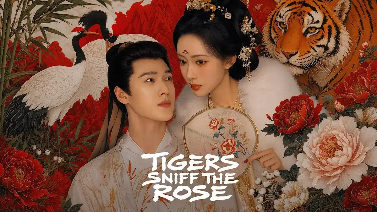 Promotional key art of lead actors in ornate historical costumes posing against a painted backdrop of wildlife and floral elements.