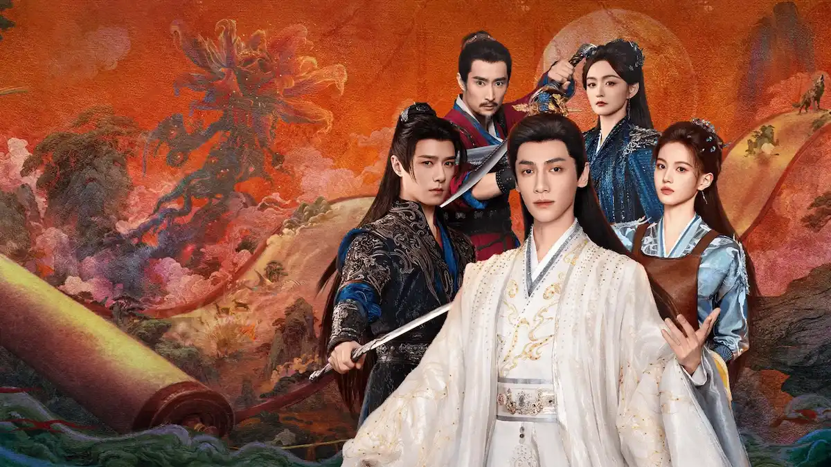 Five lead actors in traditional costume, including a man in white robes in the center and warriors holding swords, against a red fantasy scroll art background
