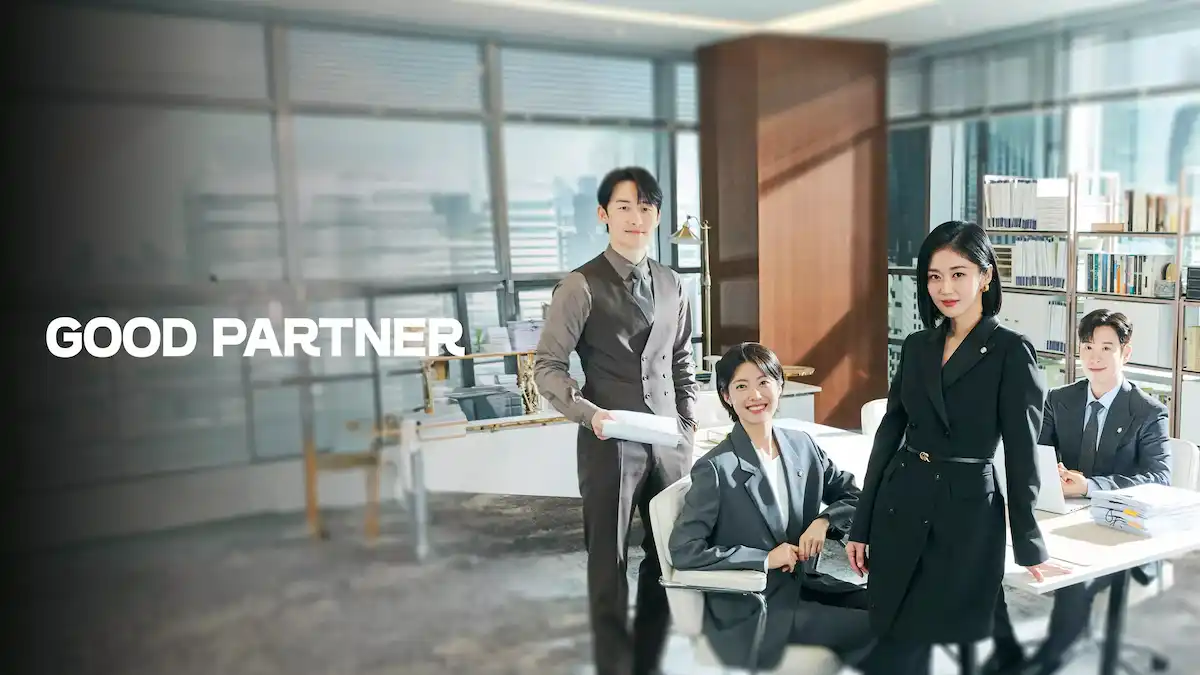 Korean legal office drama poster depicting lawyers standing and seated together in a professional workplace environment.