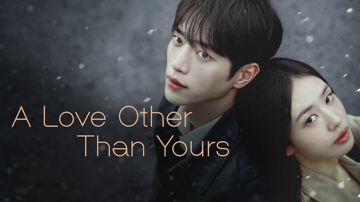 Close-up portrait of a Korean drama lead couple sitting back to back during a snowfall