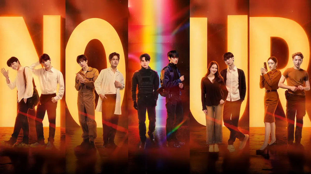 Ensemble cast standing across vertical panel frames under large yellow letter typography reading NOUR